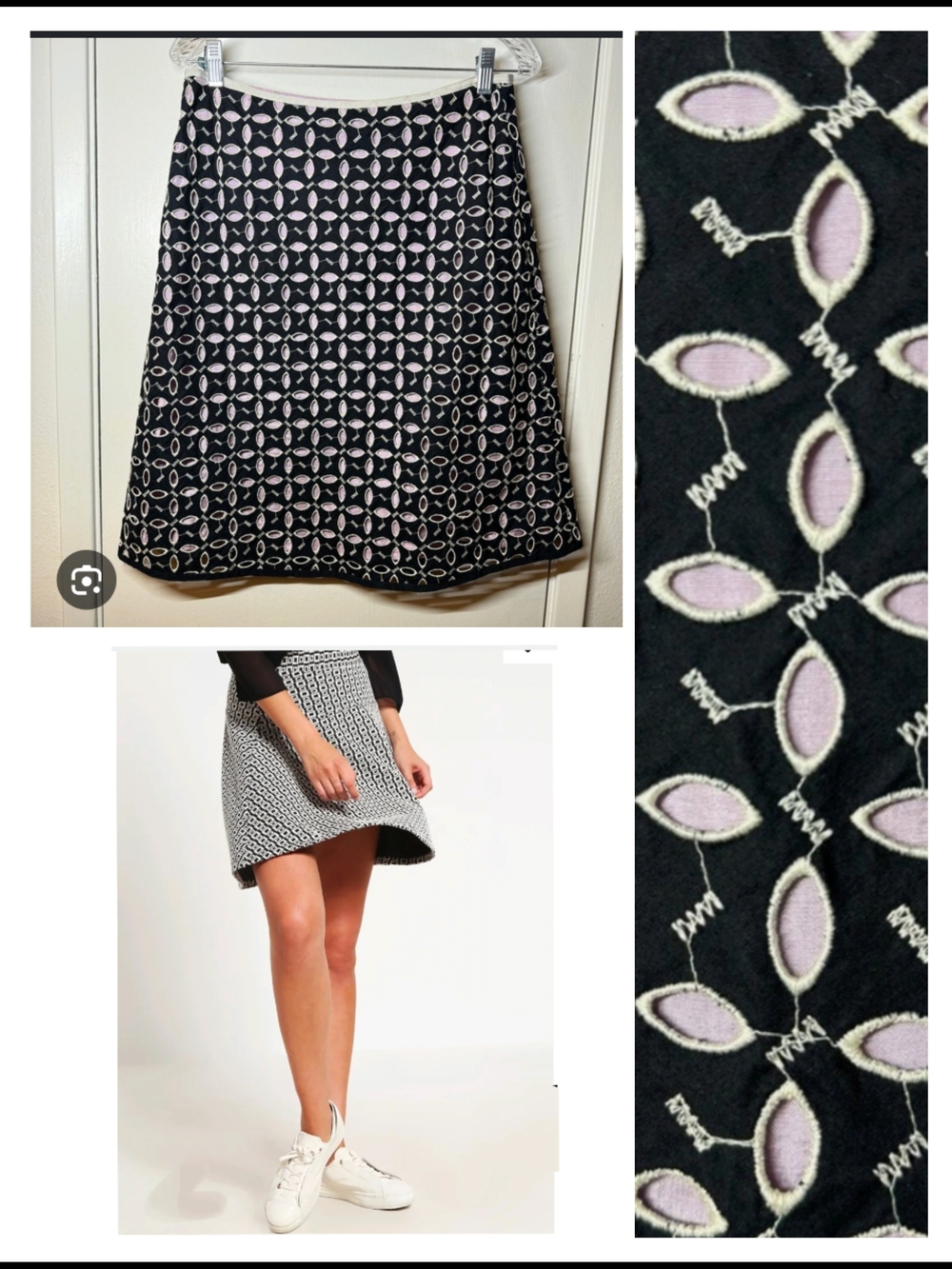Y2K Black Midi Skirt with Light Pink Cutwork Embroidery
